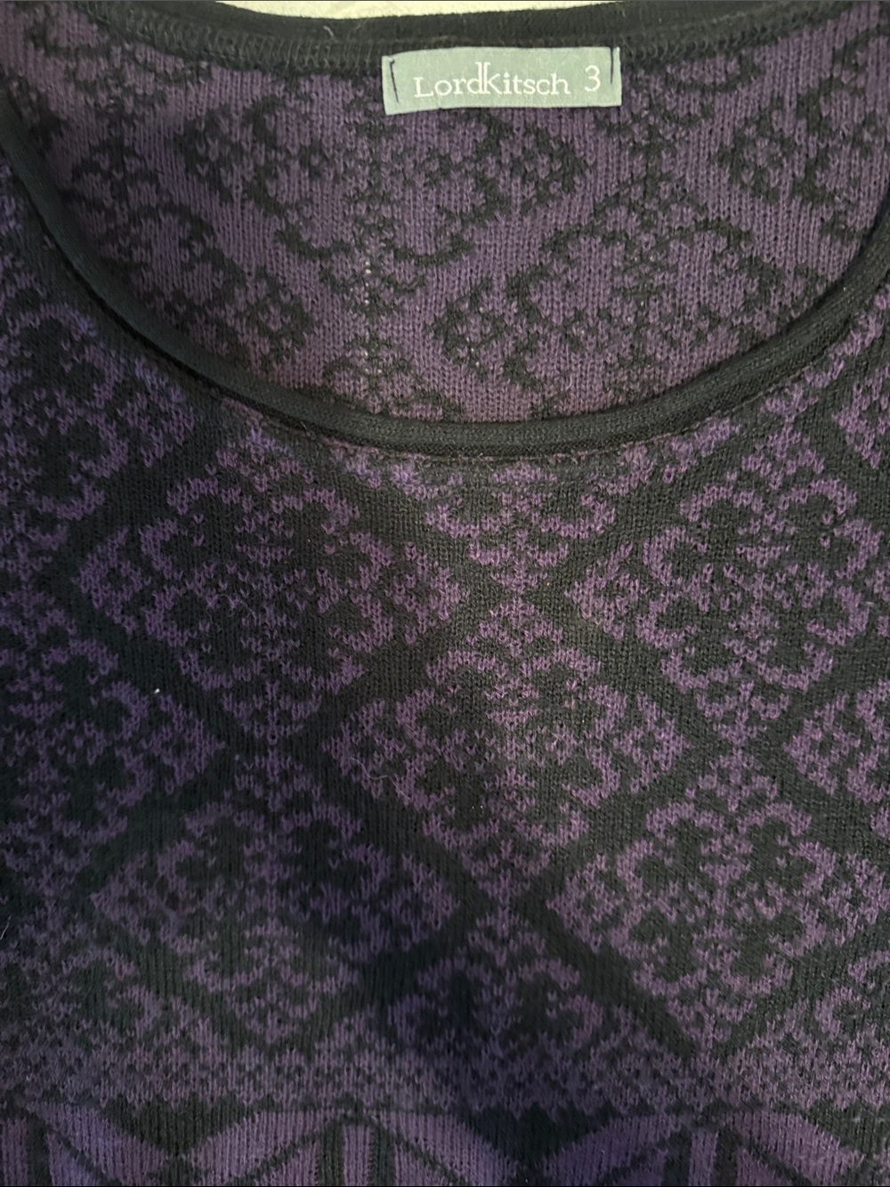 Lord Kitsch Women's Purple and Black Crew Neck Patterned Sweater